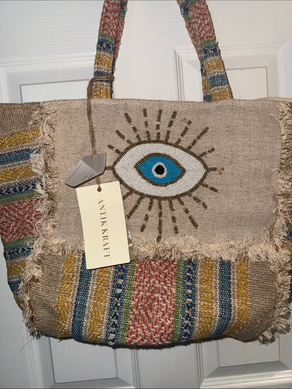 Antik Kraft Beige Woven Tote with Blue Evil Eye and Multicolor Stripes